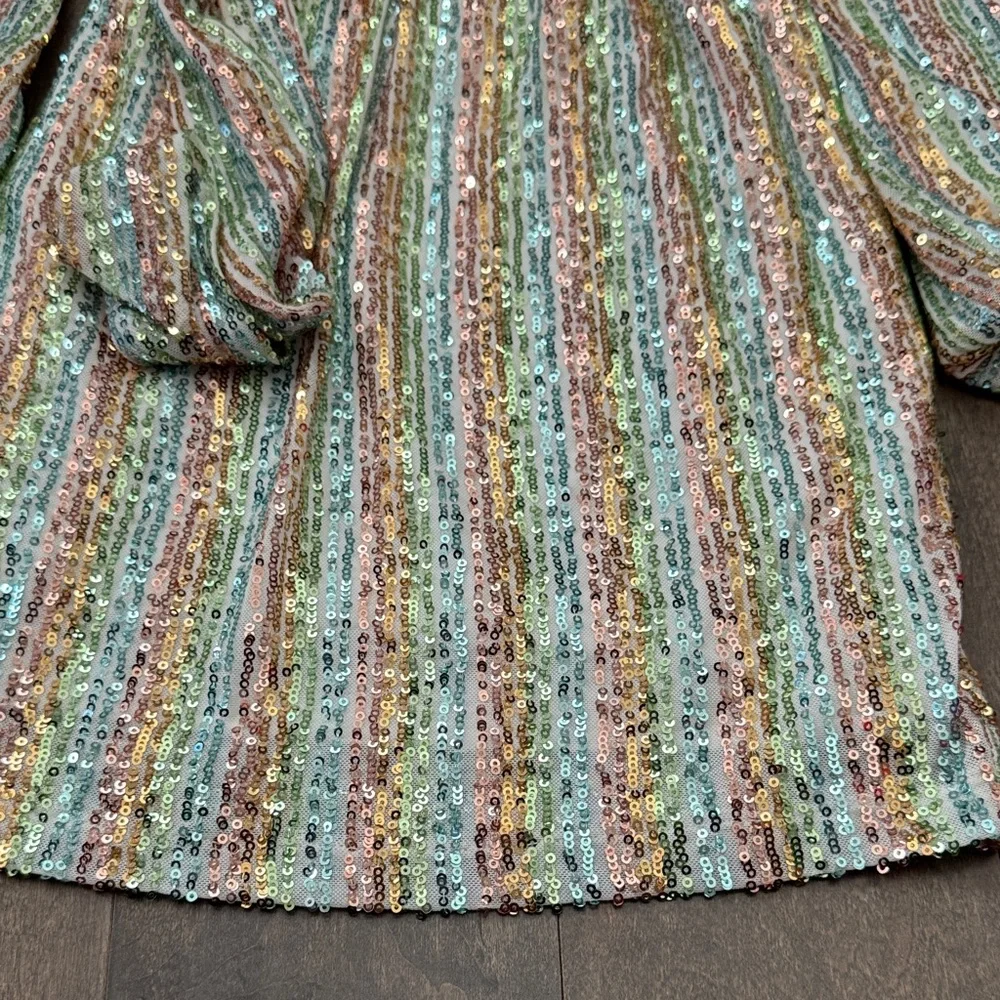 bebe XS Pastel Rainbow Sequin Balloon Sleeve Mini Dress Tie Waist